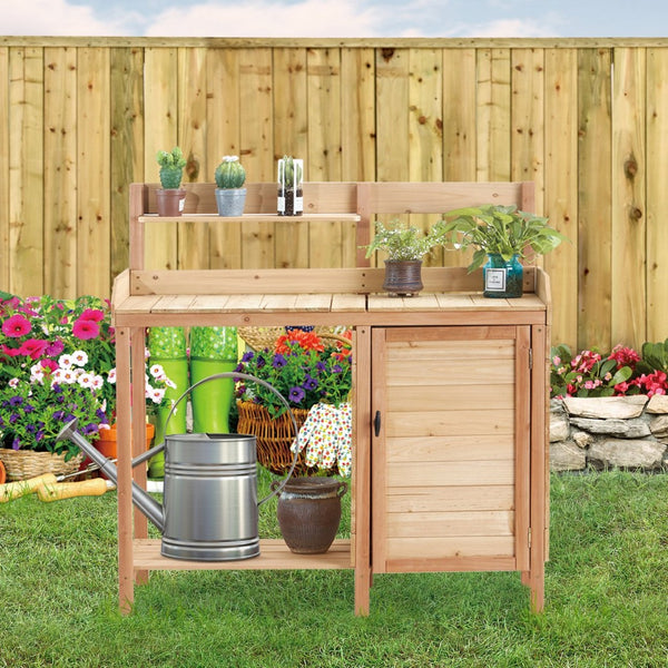 English Elm Outdoor Solid Wood Potting Bench with Built-in Sink Sliding Top and Garden Storage W2640P236086