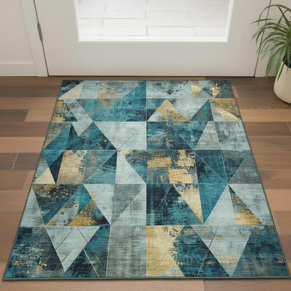 HomeRoots 5' X 8' Teal And Gold Geometric Area Rug - Durable, Stain-Resistant, UV Protected for Modern Spaces 707001