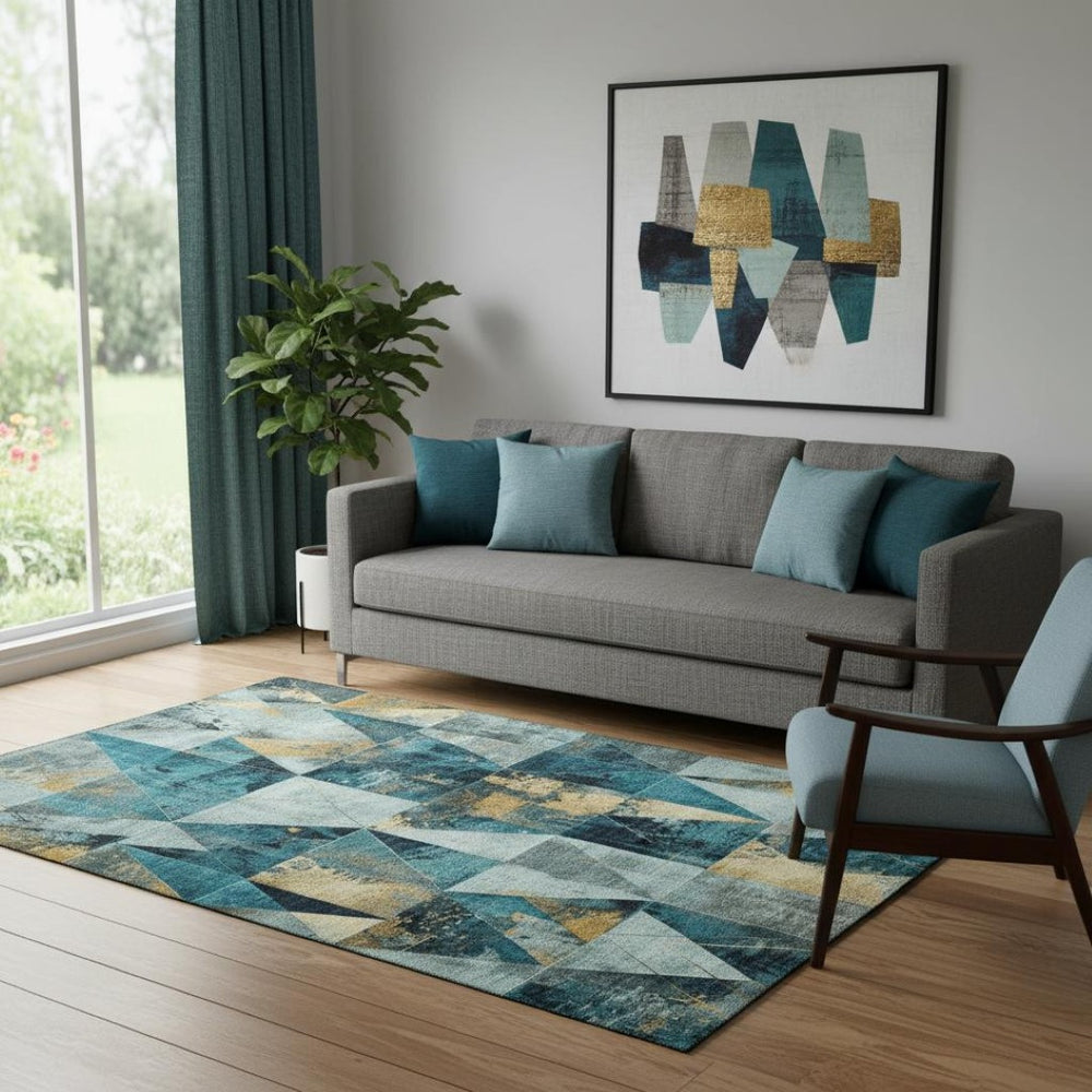 HomeRoots 8' Stylish Teal and Gold Geometric Round Rug - Washable, UV-Protected, Kid & Pet-Friendly Design! 707002