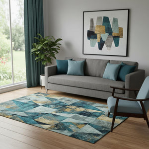 HomeRoots 8' Stylish Teal and Gold Geometric Round Rug - Washable, UV-Protected, Kid & Pet-Friendly Design! 707002