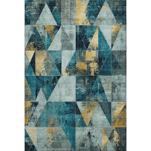 HomeRoots 8' Stylish Teal and Gold Geometric Round Rug - Washable, UV-Protected, Kid & Pet-Friendly Design! 707002