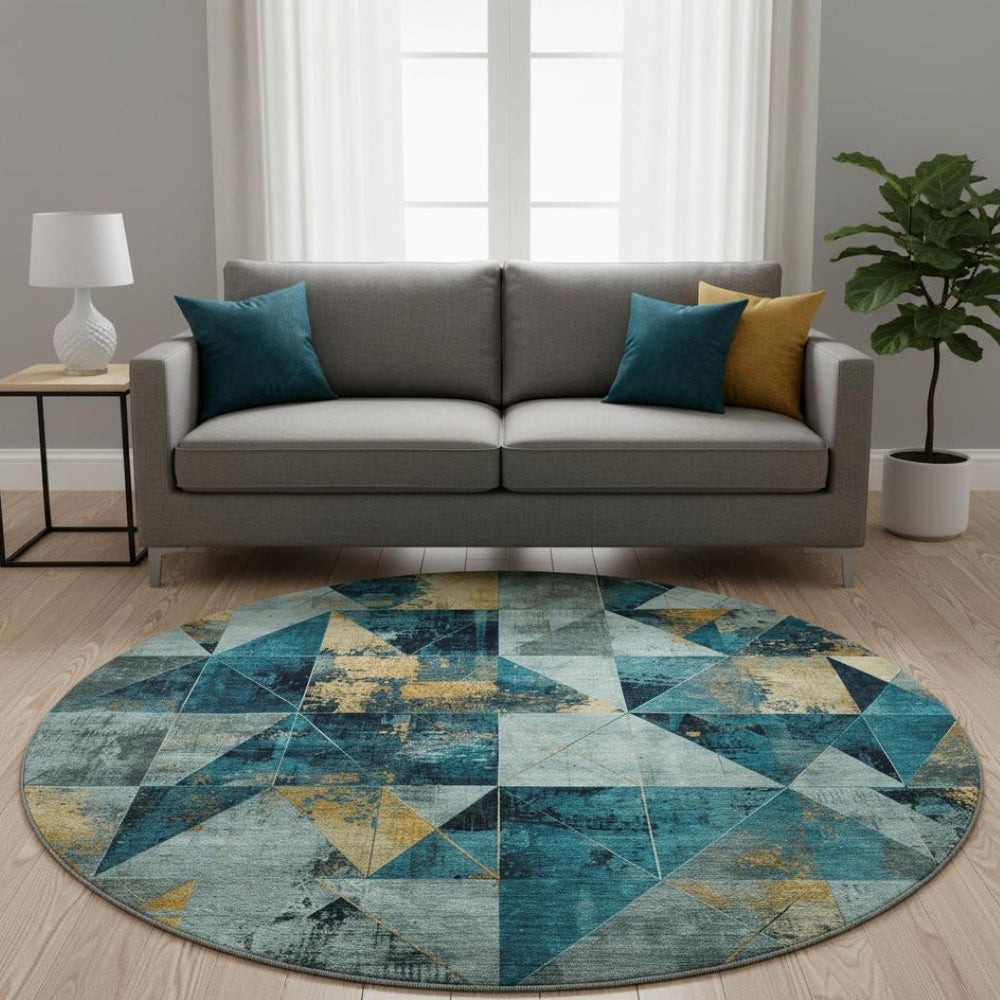 HomeRoots 8' X 10' Teal And Gold Geometric Area Rug - Washable, UV Protected, Ideal for Homes with Kids & Pets 707003