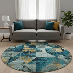HomeRoots 8' X 10' Teal And Gold Geometric Area Rug - Washable, UV Protected, Ideal for Homes with Kids & Pets 707003