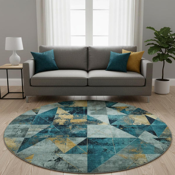 HomeRoots 8' X 10' Teal And Gold Geometric Area Rug - Washable, UV Protected, Ideal for Homes with Kids & Pets 707003