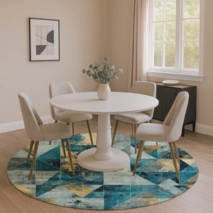 HomeRoots 8' X 10' Teal And Gold Geometric Area Rug - Washable, UV Protected, Ideal for Homes with Kids & Pets 707003