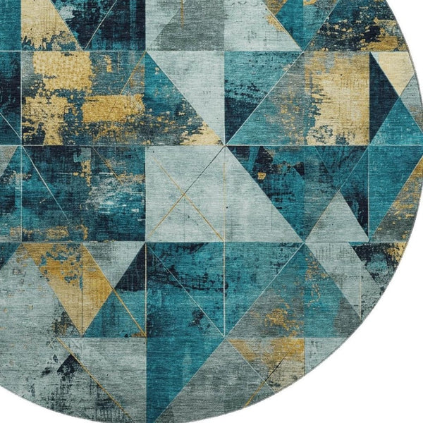 HomeRoots 8' X 10' Teal And Gold Geometric Area Rug - Washable, UV Protected, Ideal for Homes with Kids & Pets 707003