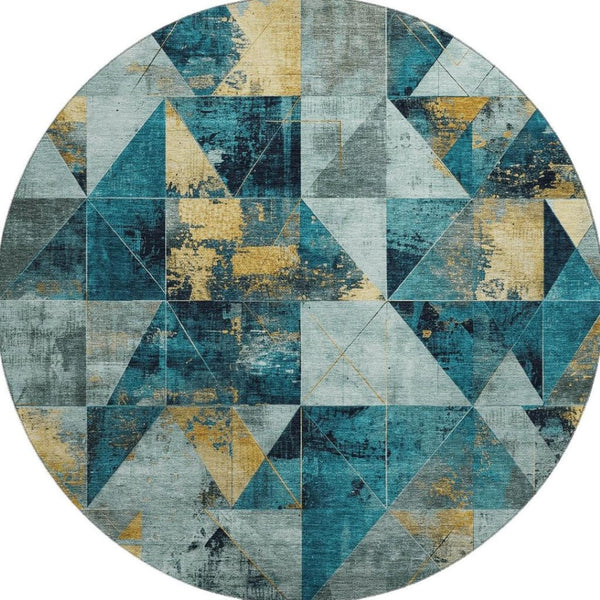 HomeRoots 8' X 10' Teal And Gold Geometric Area Rug - Washable, UV Protected, Ideal for Homes with Kids & Pets 707003
