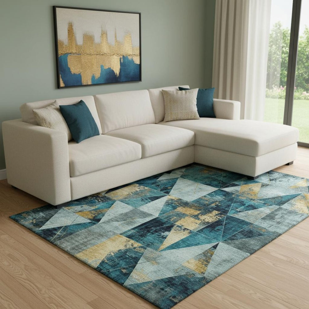HomeRoots 9' X 12' Teal and Gold Geometric Washable Area Rug with UV Protection for Modern Living Spaces 707004