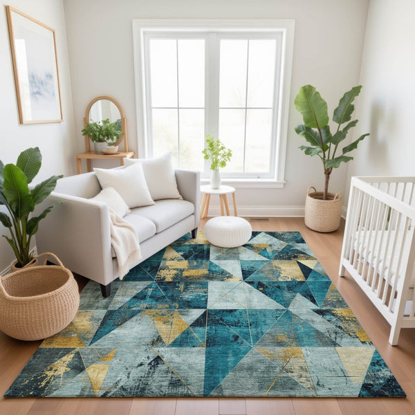 HomeRoots 9' X 12' Teal and Gold Geometric Washable Area Rug with UV Protection for Modern Living Spaces 707004