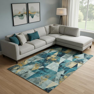 HomeRoots 10' X 14' Teal And Gold Geometric Area Rug - Washable, Stain-Resistant, UV Protected for Busy Homes 707005