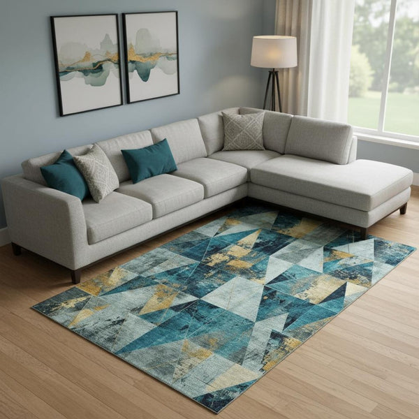 HomeRoots 10' X 14' Teal And Gold Geometric Area Rug - Washable, Stain-Resistant, UV Protected for Busy Homes 707005