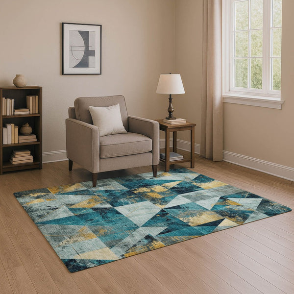 HomeRoots 10' X 14' Teal And Gold Geometric Area Rug - Washable, Stain-Resistant, UV Protected for Busy Homes 707005