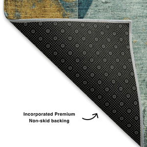HomeRoots 10' X 14' Teal And Gold Geometric Area Rug - Washable, Stain-Resistant, UV Protected for Busy Homes 707005