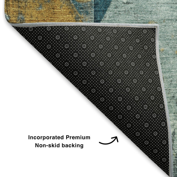 HomeRoots 10' X 14' Teal And Gold Geometric Area Rug - Washable, Stain-Resistant, UV Protected for Busy Homes 707005