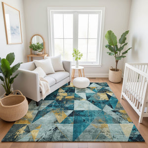HomeRoots 10' X 14' Teal And Gold Geometric Area Rug - Washable, Stain-Resistant, UV Protected for Busy Homes 707005