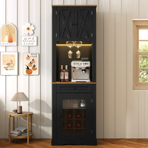 English Elm Bar Cabinet Farmhouse 69 Inch with Rgb Led Barn Door Wine Rack and Charging Station Black N728P438603B
