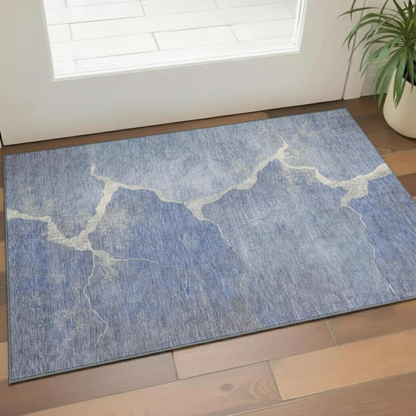HomeRoots 5' X 8' Denim Blue & Gray Abstract Area Rug - Washable, UV-Protected, Durable & Easy-Care Design 707007