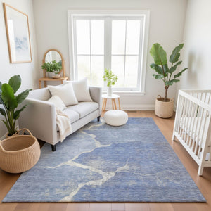 HomeRoots 5' X 8' Denim Blue & Gray Abstract Area Rug - Washable, UV-Protected, Durable & Easy-Care Design 707007