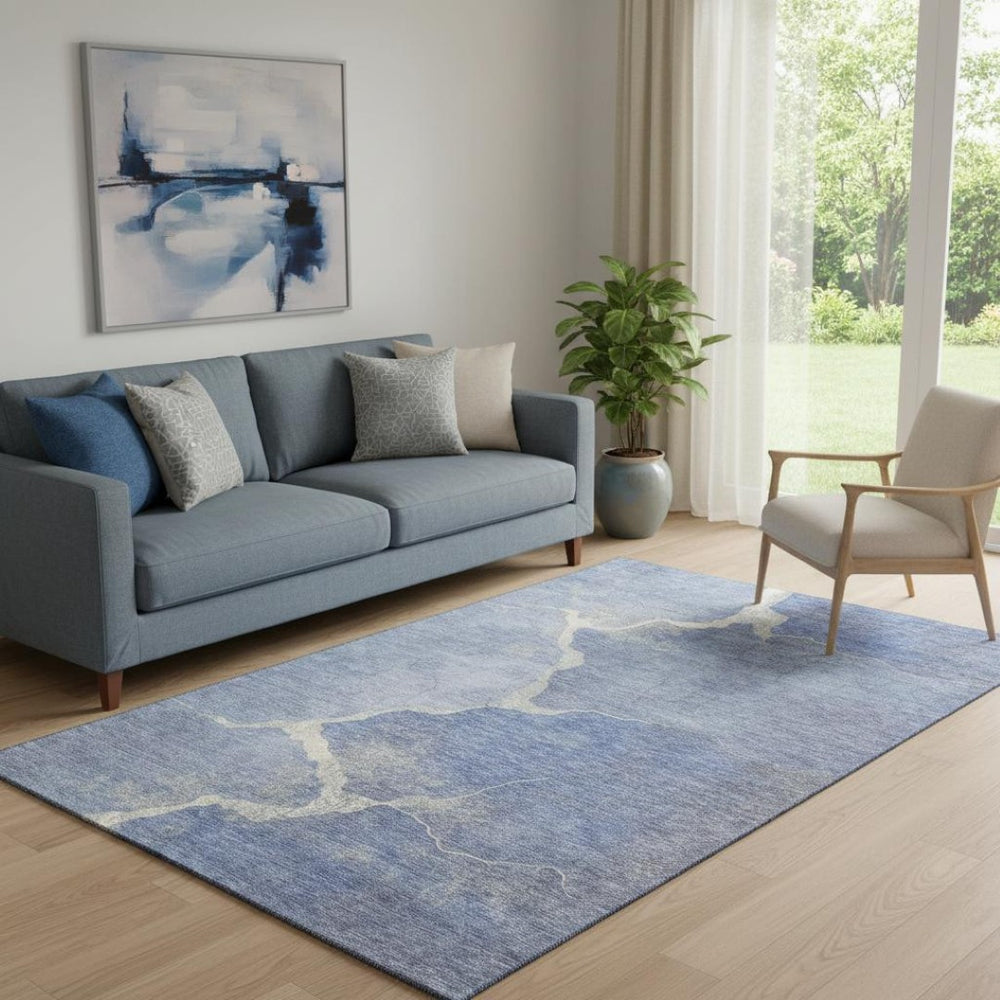 HomeRoots 8' Denim Blue and Gray Abstract Round Washable Rug with UV Protection for Modern Home Decor 707008
