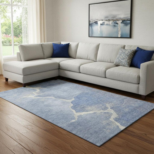HomeRoots 9' X 12' Denim Blue & Gray Washable Area Rug - Modern Abstract Design with UV Protection & Durability 707010