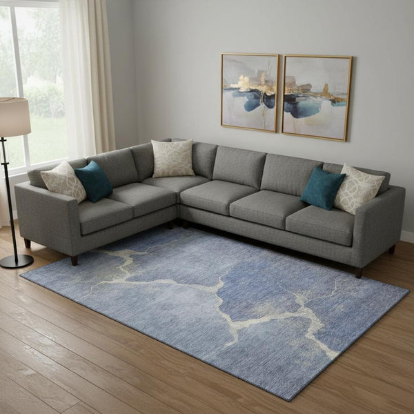 HomeRoots 10' Denim Blue & Gray Abstract Rug - Washable, UV-Protected, Durable for Living Spaces & Playrooms 707011