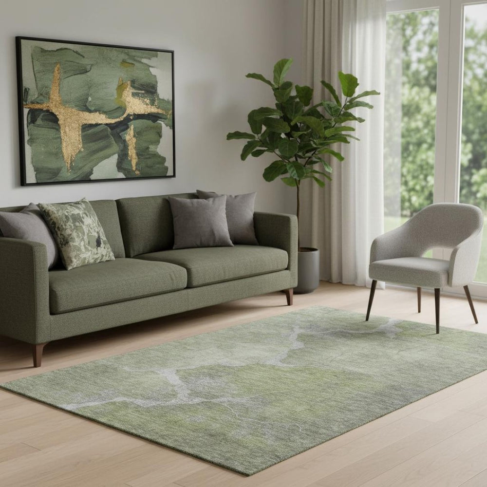 HomeRoots 8' Green and Gray Abstract Round Rug – Washable, UV Protected, Stain Resistant for High-Traffic Areas 707014