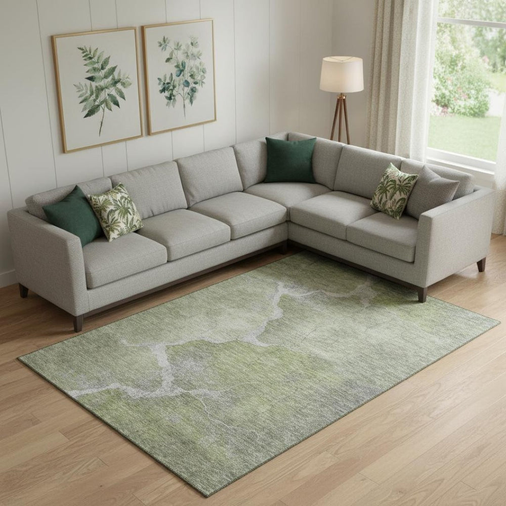 HomeRoots 10' X 14' Modern Green & Gray Abstract Area Rug – Washable, UV Protected, Perfect for Family Spaces! 707017