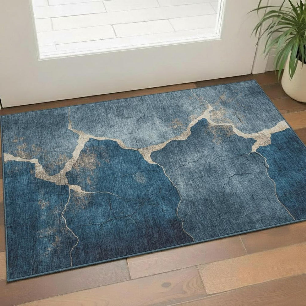 HomeRoots 5' X 8' Navy Blue & Beige Abstract Washable Area Rug – Durable, UV-Protected, Stain-Resistant Design! 707025