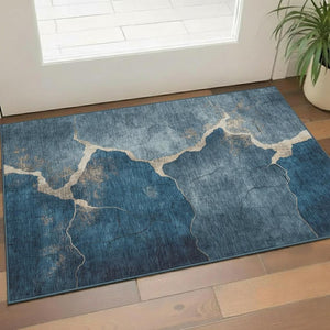 HomeRoots 5' X 8' Navy Blue & Beige Abstract Washable Area Rug – Durable, UV-Protected, Stain-Resistant Design! 707025