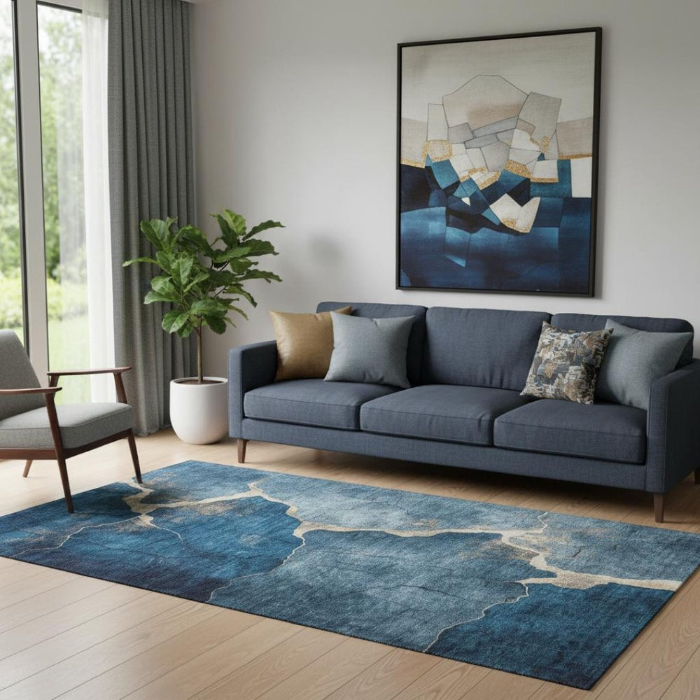 HomeRoots 8' Navy Blue & Beige Abstract Washable Round Rug - Durable, UV-Protected, Perfect for Modern Living Spaces 707026