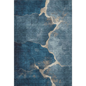 HomeRoots 8' Navy Blue & Beige Abstract Washable Round Rug - Durable, UV-Protected, Perfect for Modern Living Spaces 707026