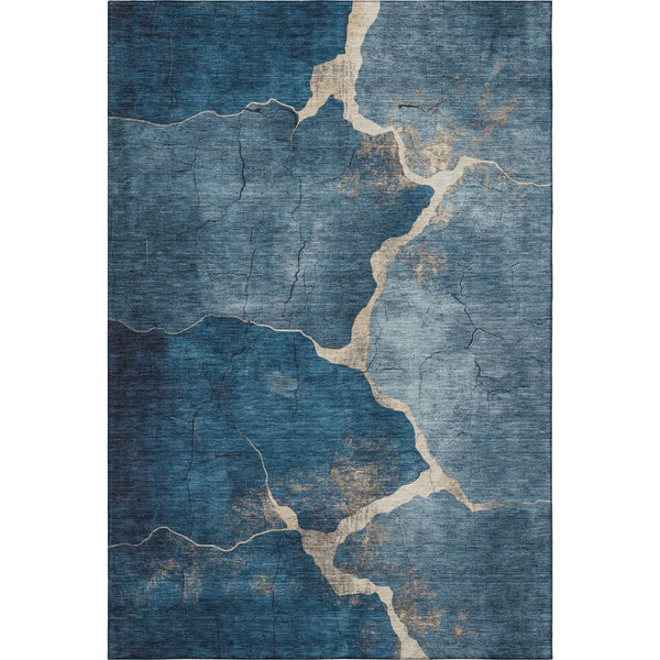 HomeRoots 8' Navy Blue & Beige Abstract Washable Round Rug - Durable, UV-Protected, Perfect for Modern Living Spaces 707026