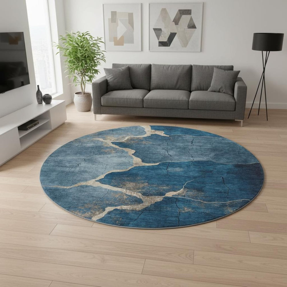 HomeRoots 8' X 10' Navy Blue & Beige Abstract Area Rug - Washable, UV-Protected, Stain-Resistant Comfort! 707027