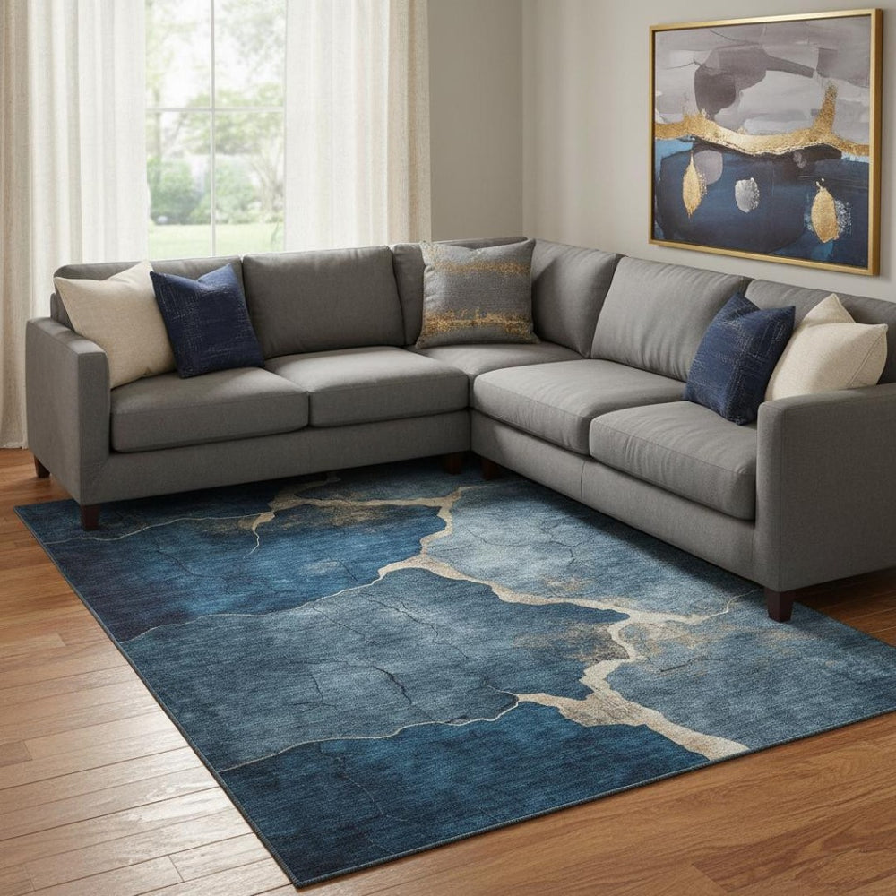 HomeRoots 9' X 12' Navy Blue & Beige Abstract Washable Area Rug - UV Protected, Stain-Resistant & Stylish! 707028