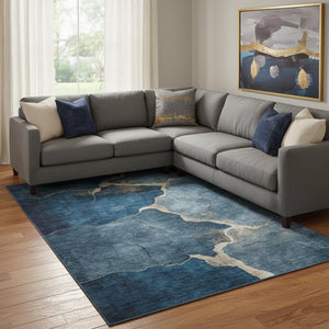 HomeRoots 9' X 12' Navy Blue & Beige Abstract Washable Area Rug - UV Protected, Stain-Resistant & Stylish! 707028