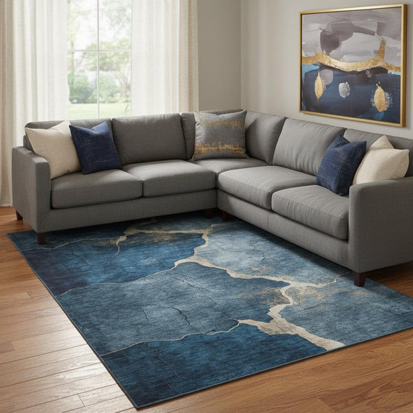 HomeRoots 9' X 12' Navy Blue & Beige Abstract Washable Area Rug - UV Protected, Stain-Resistant & Stylish! 707028