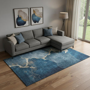 HomeRoots 10' X 14' Navy Blue & Beige Abstract Area Rug - Washable, UV Protected, Perfect for High-Traffic Areas 707029