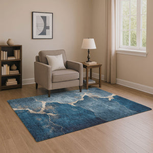 HomeRoots 10' X 14' Navy Blue & Beige Abstract Area Rug - Washable, UV Protected, Perfect for High-Traffic Areas 707029