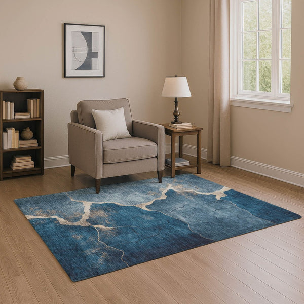 HomeRoots 10' X 14' Navy Blue & Beige Abstract Area Rug - Washable, UV Protected, Perfect for High-Traffic Areas 707029