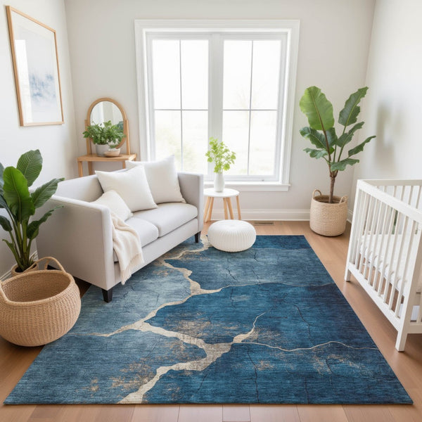 HomeRoots 10' X 14' Navy Blue & Beige Abstract Area Rug - Washable, UV Protected, Perfect for High-Traffic Areas 707029