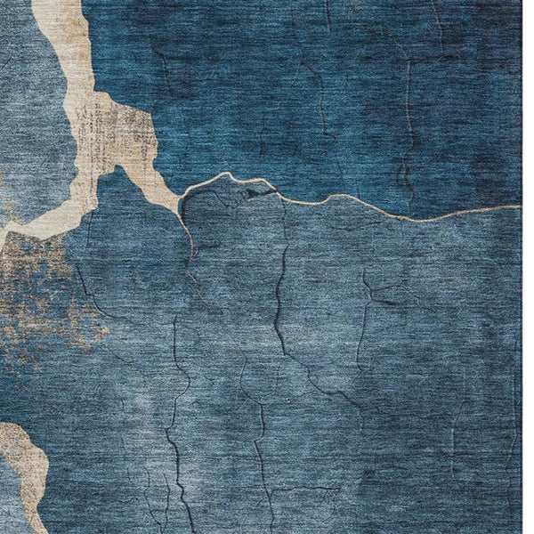 HomeRoots 10' X 14' Navy Blue & Beige Abstract Area Rug - Washable, UV Protected, Perfect for High-Traffic Areas 707029