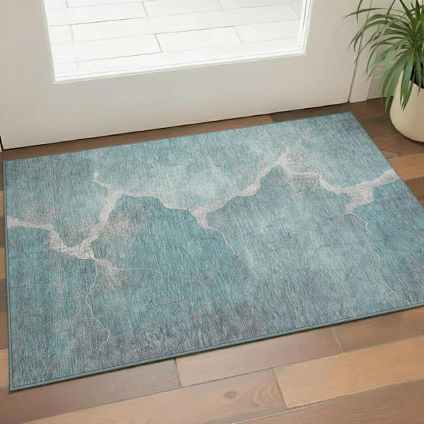 HomeRoots 5' X 8' Teal And Beige Abstract Area Rug – Stain-Resistant, UV-Protected, Stylish & Easy Care! 707037