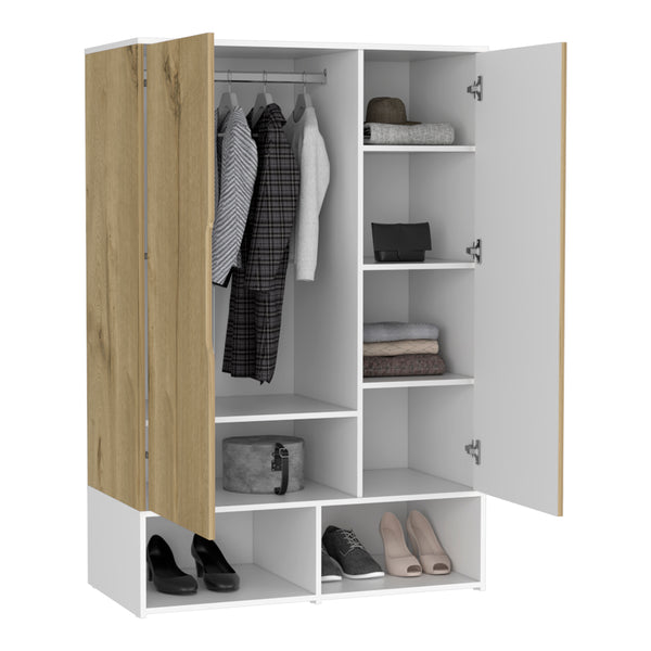 English Elm Armoire, Spacious Engineered Wood Wardrobe with Two Drawers, Hanging Rod and Hidden Storage Appeal Beige 51.97 L x 23.62 W x 5.51 H B097S00173