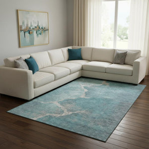 HomeRoots 9' X 12' Teal and Beige Abstract Area Rug - Washable, UV-Protected, Stain-Resistant & Durable Design 707040