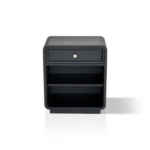 English Elm Nightstand Art Deco Matte Black Finish Antiqued Brass Hardware Open Shelf Bedroom B035P482920