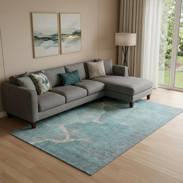 HomeRoots 10' X 14' Teal and Beige Abstract Area Rug - Stylish, Washable, UV-Protected for Modern Living Spaces 707041