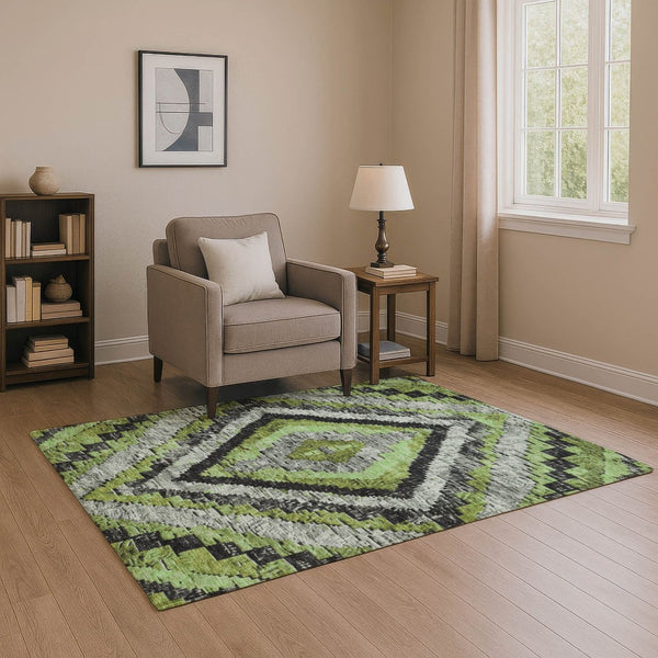 HomeRoots 5' X 8' Artichoke Green and Gray Diamond Area Rug – Stain-Resistant, UV-Protected, Easy Care Design 707043