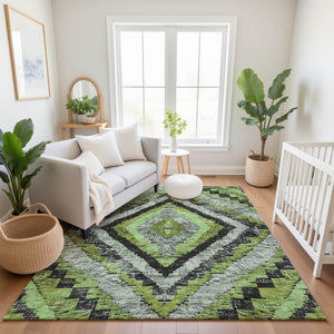 HomeRoots 5' X 8' Artichoke Green and Gray Diamond Area Rug – Stain-Resistant, UV-Protected, Easy Care Design 707043