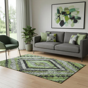 HomeRoots 8' Washable Round Rug in Artichoke Green & Gray with UV Protection - Stain-Resistant, Non-Slip Design 707044