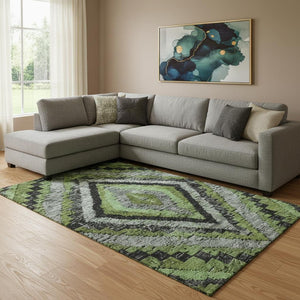HomeRoots 9' X 12' Artichoke Green Charcoal Gray Diamond Washable Area Rug - UV Protected for High-Traffic Areas 707046